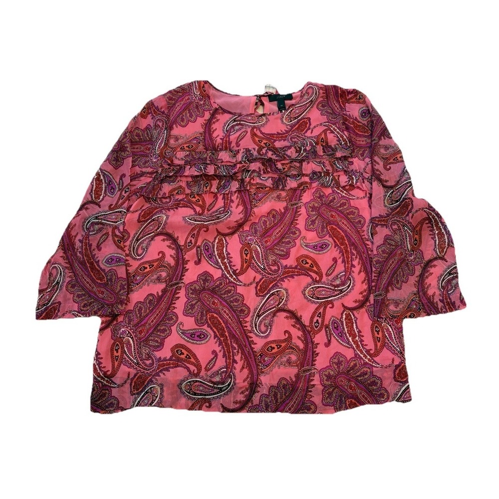 J.Crew Blouse Long Sleeve Top Size 14 Pink Paisley 100% Silk Ruffle Career